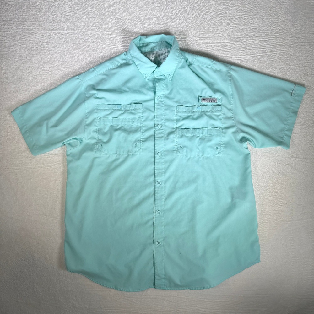 Columbia PFG Men's Short Sleeve Button‎ Up Fishing Vented Shirt Light Blue XL
